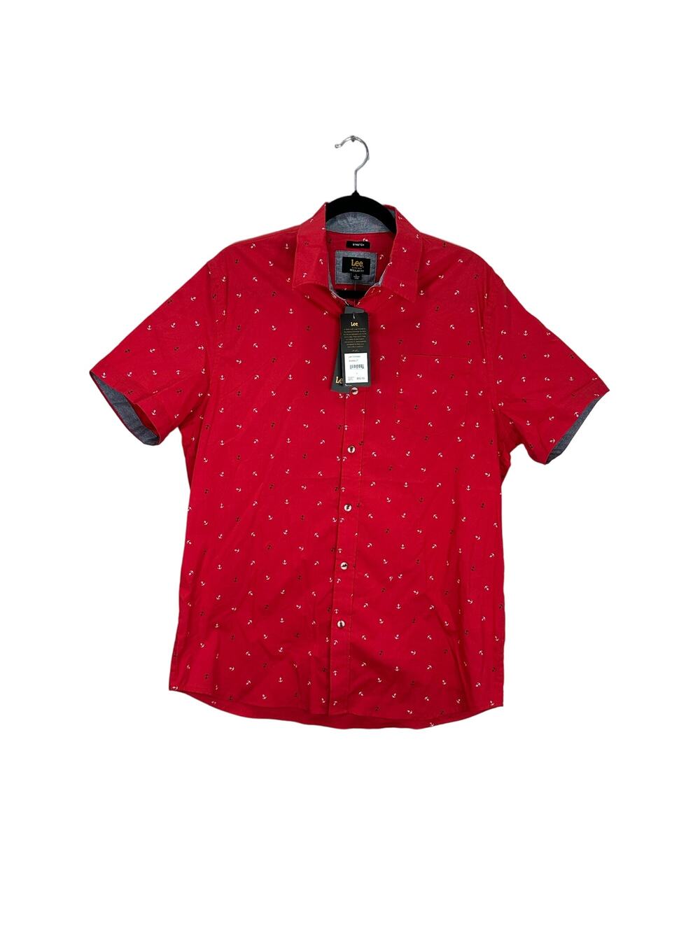 Lee NWT Men's Red and Blue Short Sleeve Stretch Button Down Anchor Shirt size L